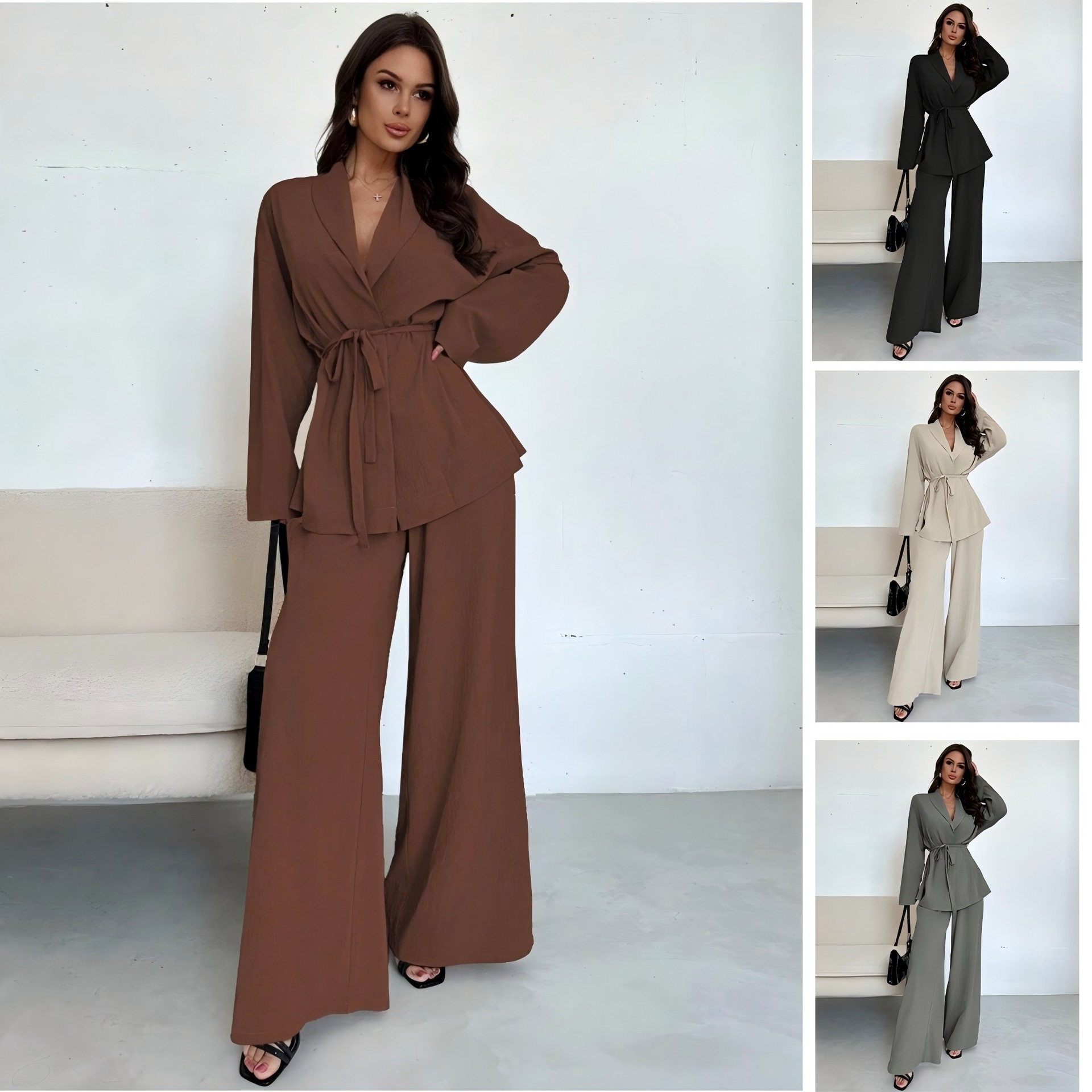 2026 Autumn Winter Women's Fashion V-neck Style Long Sleeve Elegant Wide Leg Pants Set