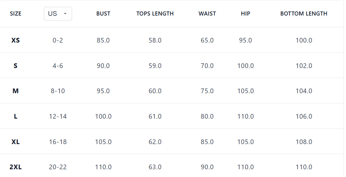 Two-piece set supplier size chart showing bust, top length, waist, hip and bottom length for XS to 2XL