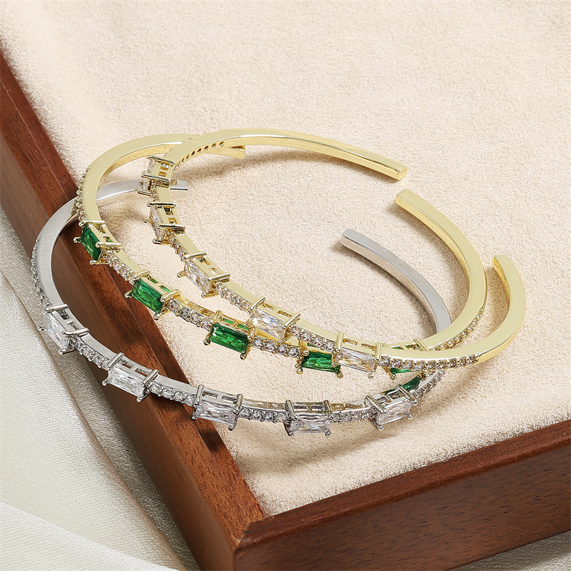 Women Emerald-Tone Rectangular CZ Open Cuff Bangle, Gold Plated Vintage Green Simulant Stone Wrist Jewelry
