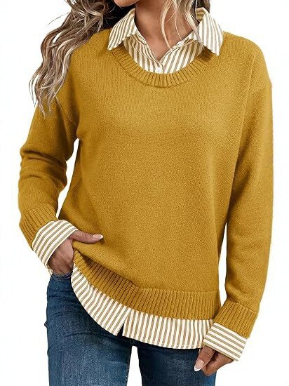 Look Striped Patchwork Sweater For Women, Loose Pullover Knit Top, European And American Style Long Sleeve Shirt