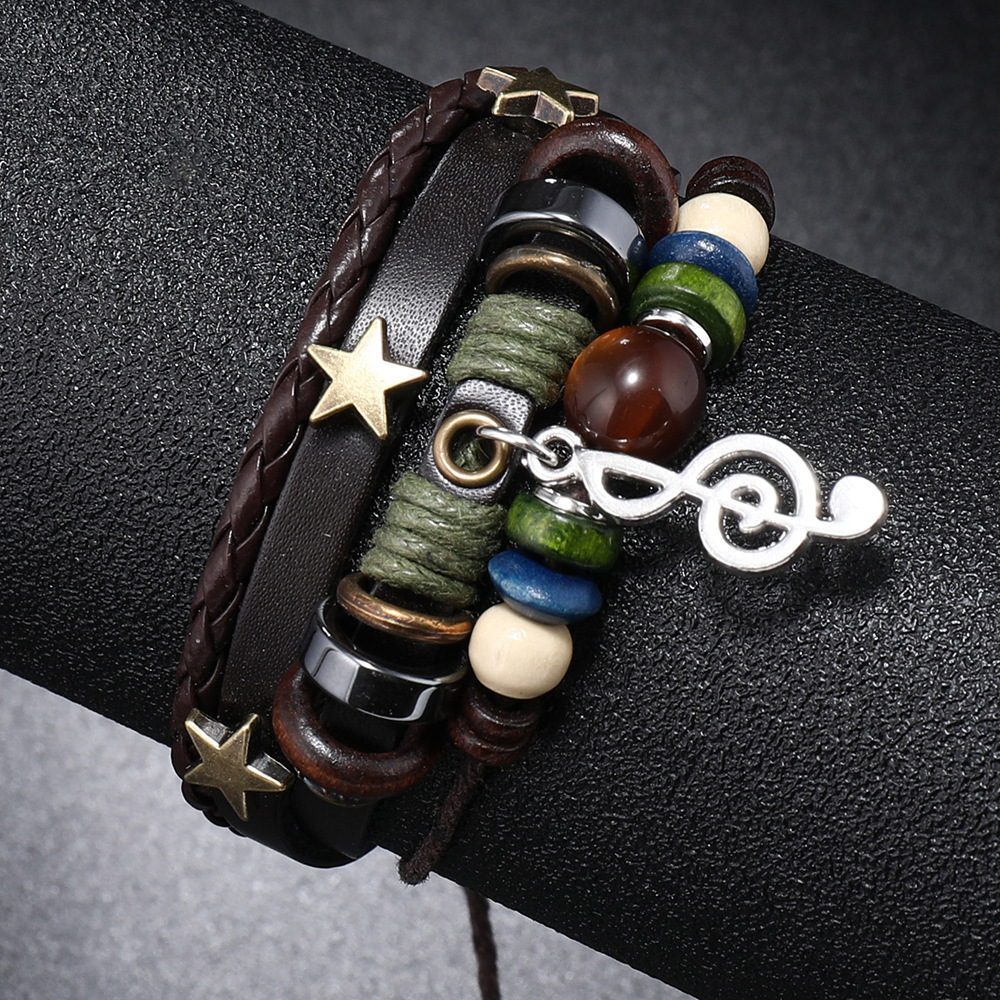 Brățară din piele cu mărgele pe mai multe straturi și pandantiv în formă de notă muzicală, marca Cross-Border New Jewelry, accesorii pentru festivaluri de
