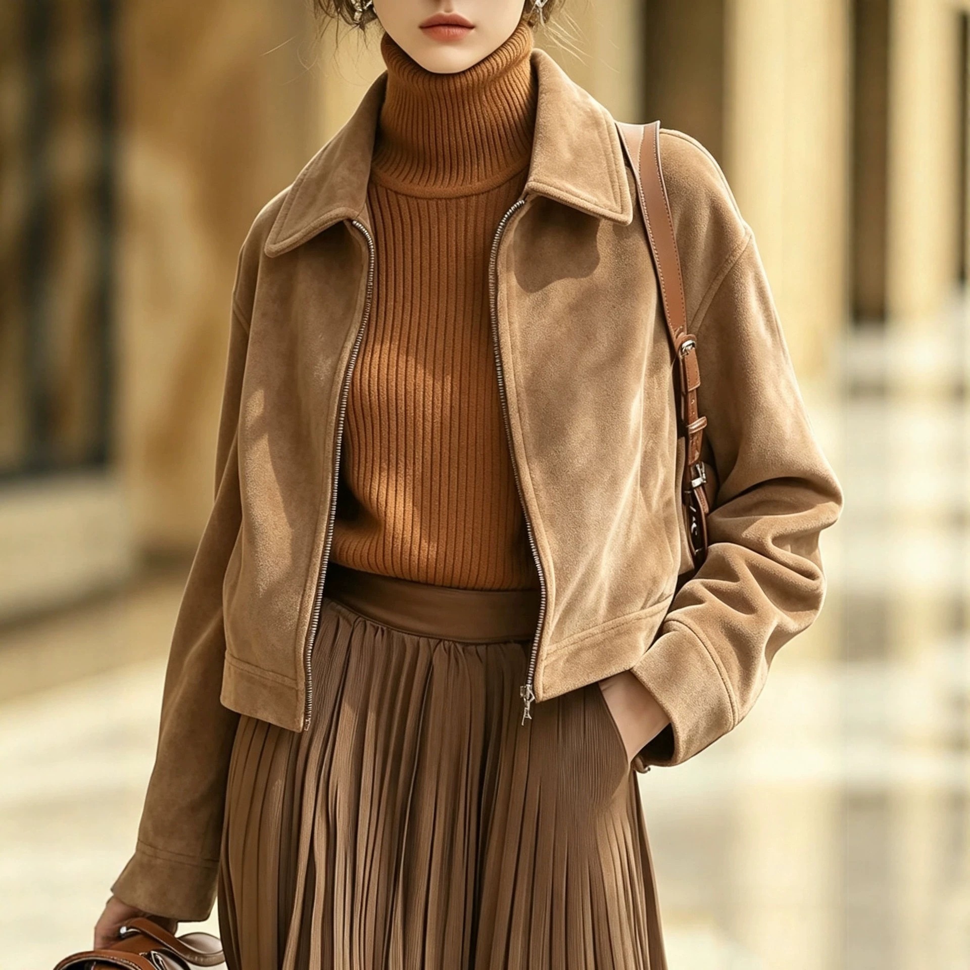 Zipper Collar Suede European And American Women's Fashion Cross-Border Jacket Coat Vintage Amazon Slim Fit product image
