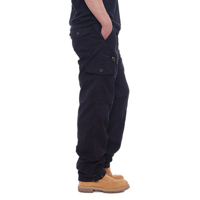 Men's Casual Cotton Work Pants With Elastic Waist, Large Size, Multi-Pocket, Loose Fit, Long Pants For Construction Site