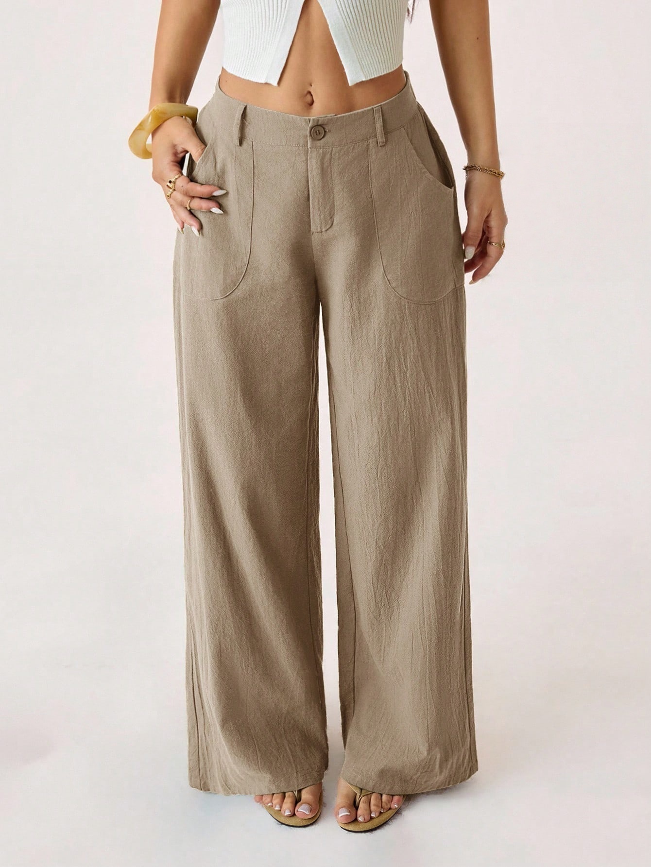 2026 New Style Women's Cotton Linen Wide Leg Pants, Mid Rise, Casual And Commuter Style, Solid Color With Pockets — image 3 of 17