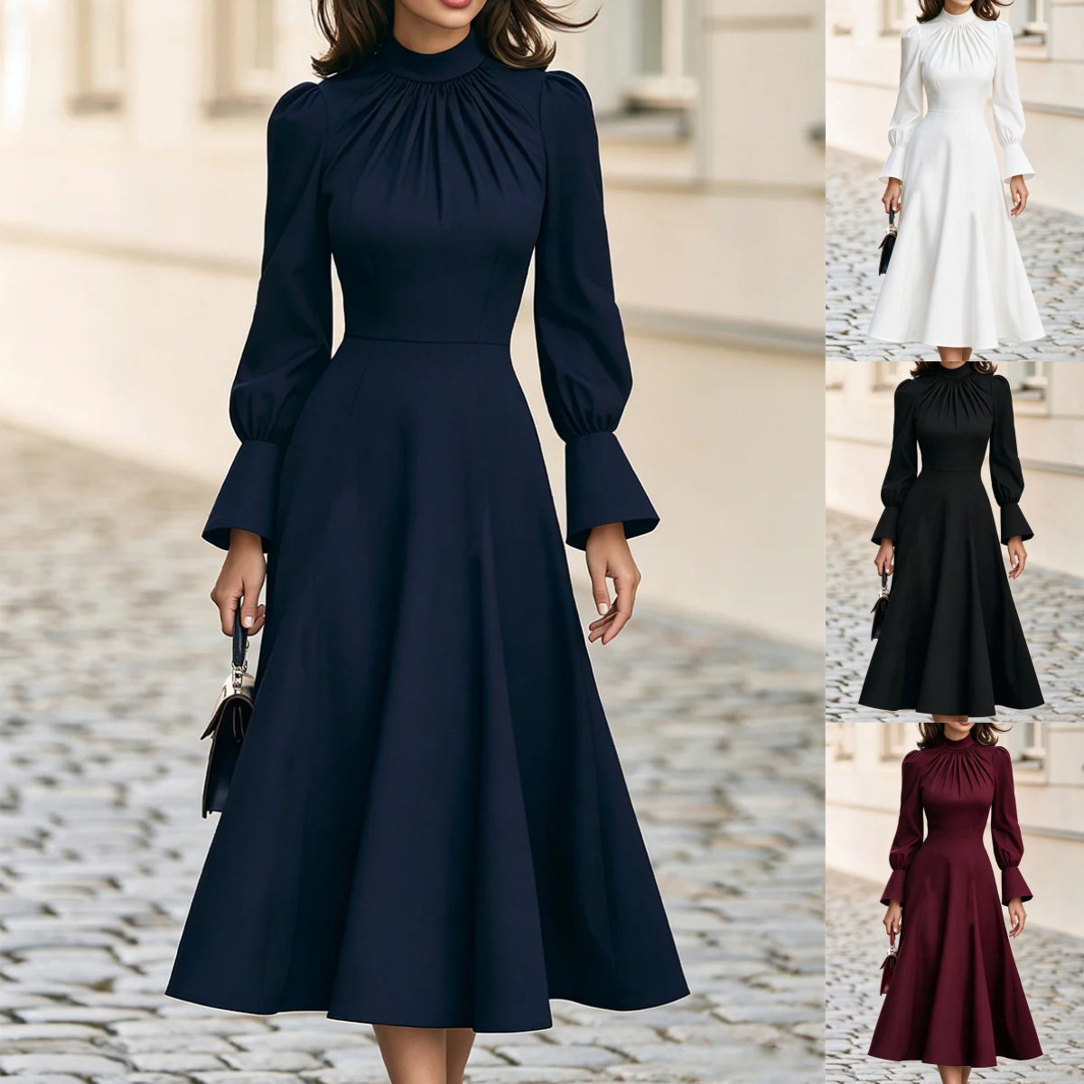 2026 Amazon New French Stand Collar Ruched White Dress with Bell Sleeves, Waist-Cinching Slimming Mid-Length Dress