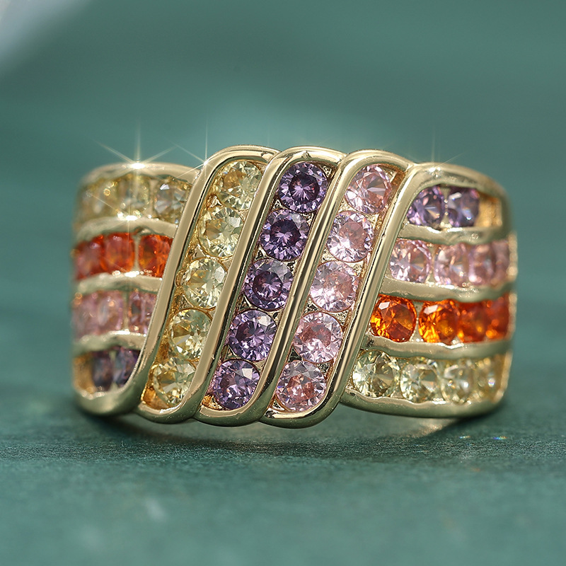 Vintage Multicolor Crystal Statement Ring Gold Tone Brass Wide Band