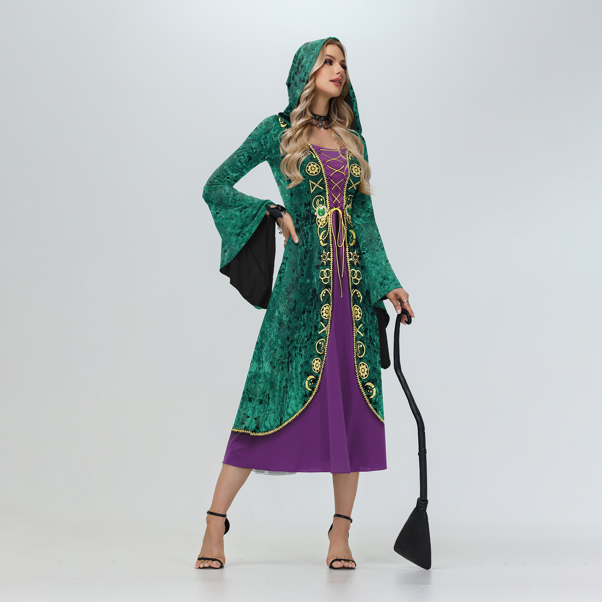 Halloween Witch Crazy Hooded Skirt Cross-border Horn Sleeve Dress Digital Printing Style Skirt For Women