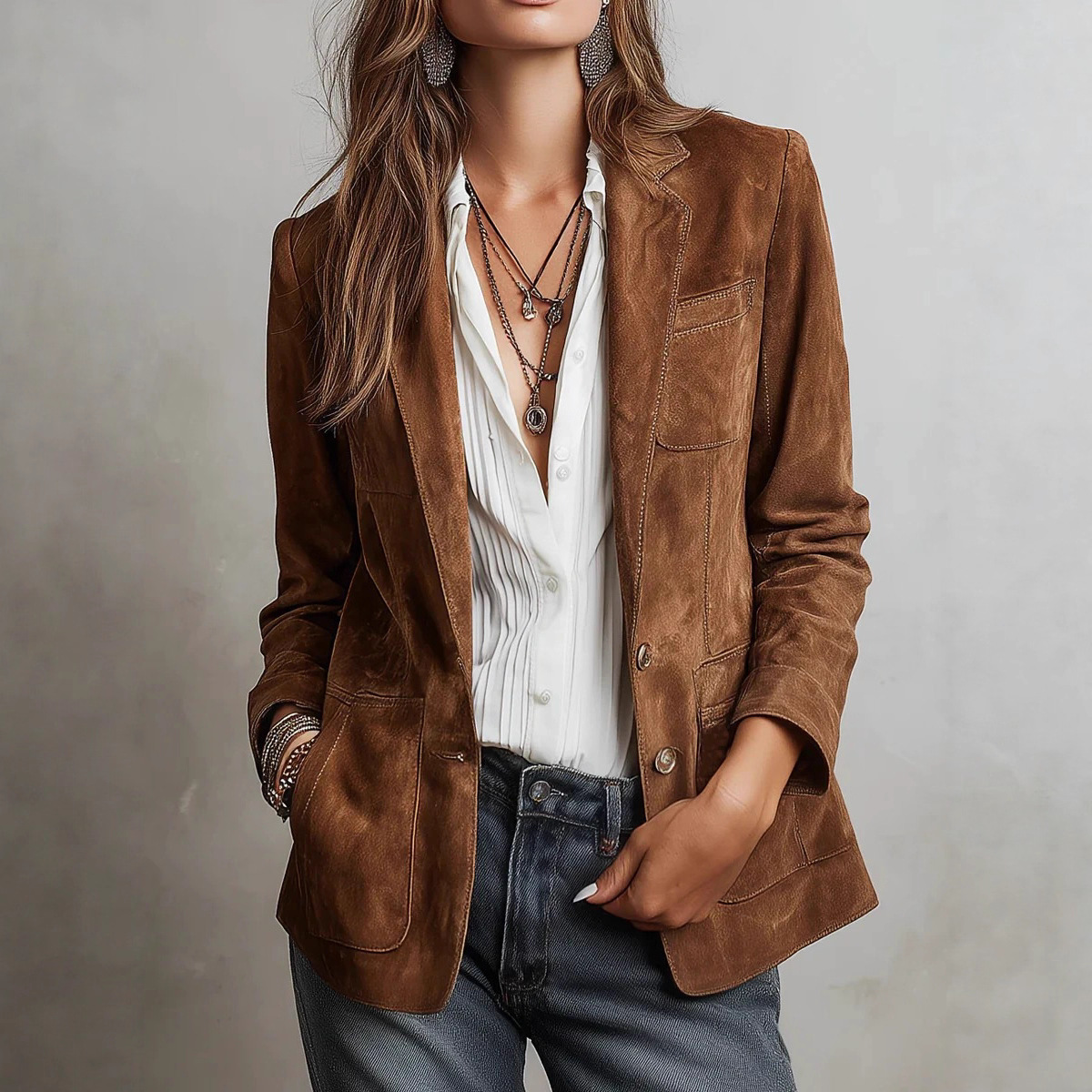 European And American Cross-border Autumn Women's Fashion Jacket, Elegant Brown Suede With Pockets And Buttons