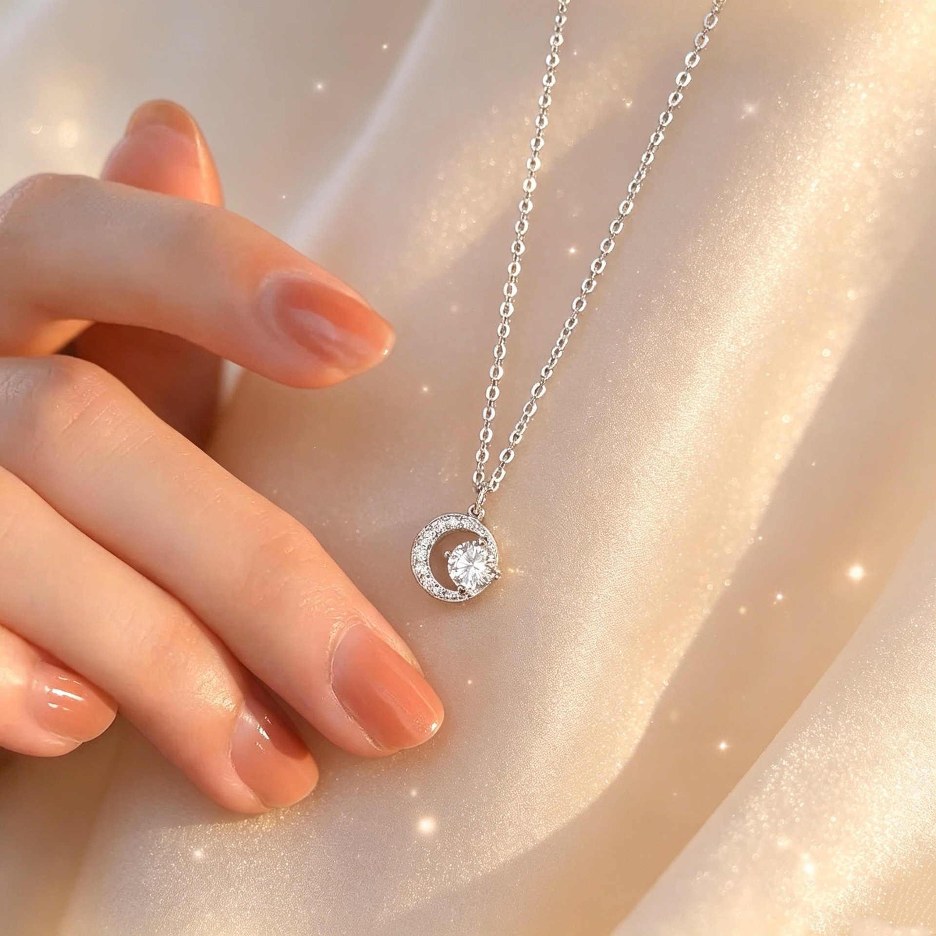 S999 Pure Silver Crescent Moon Necklace For Women, Shiny Zircon, Light Luxury, High-end Niche Design, Moon Pendant, Pure Silver Collarbone Chain