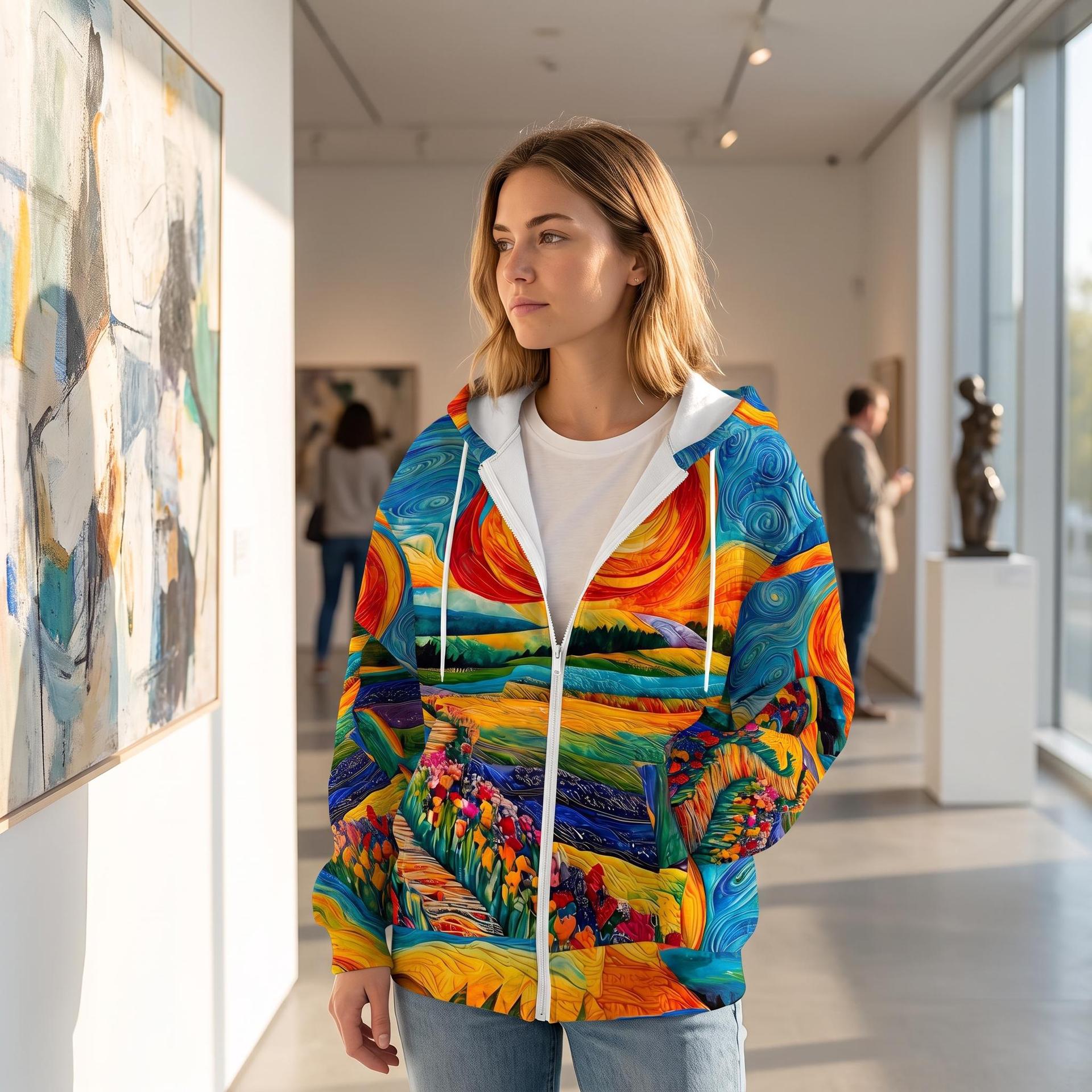 Women's Casual Long Sleeve Zip Up Hoodie, 3D Floral Print, Autumn Hooded Cardigan For European And American Cross Border Market