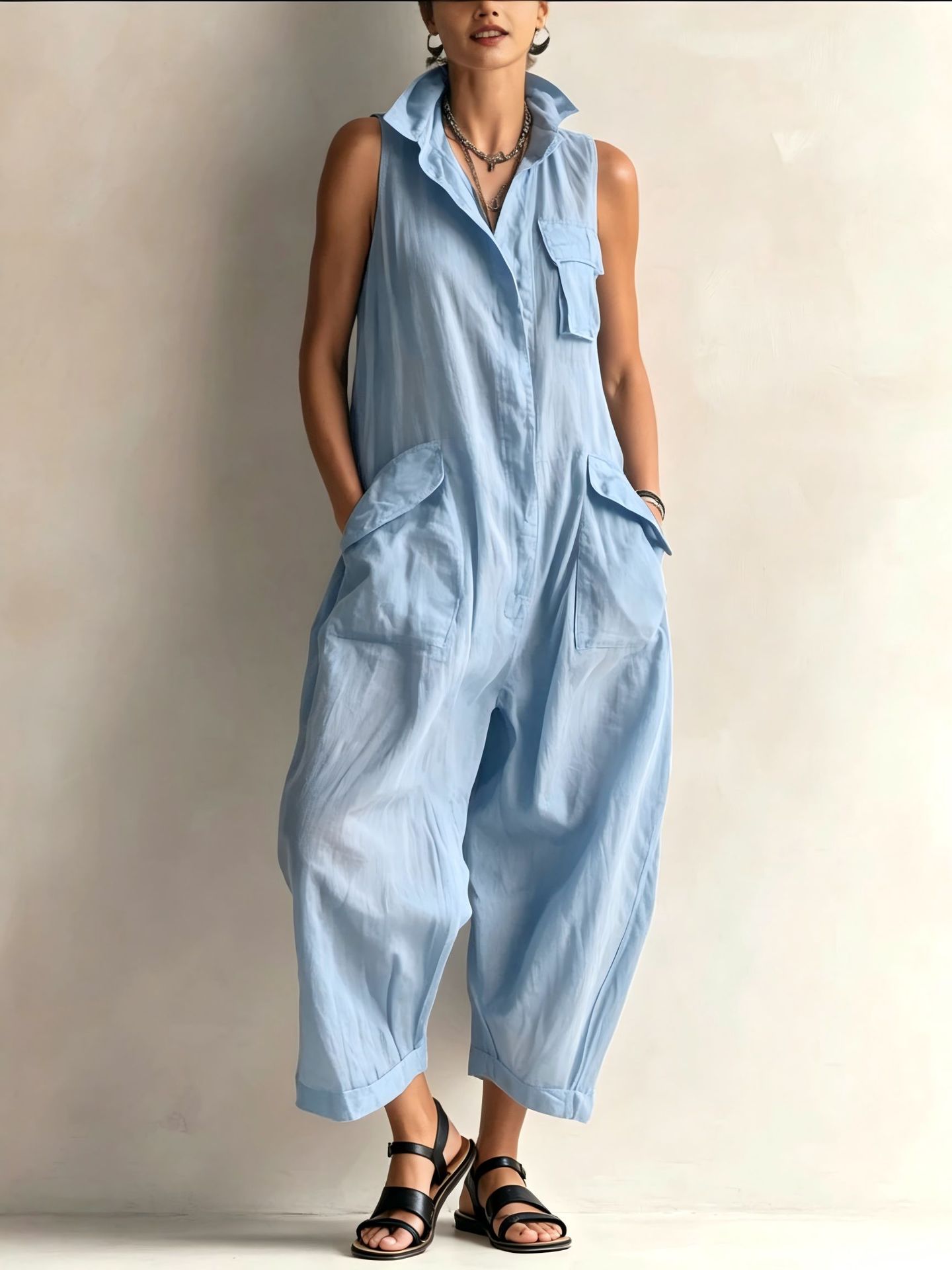 Women's sky blue sleeveless cargo jumpsuit – summer color option