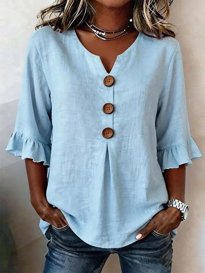 2026 Summer Women's V Neck Cotton Linen Button Up Shirt Solid Color Button Design Short Sleeve — image 2 of 15