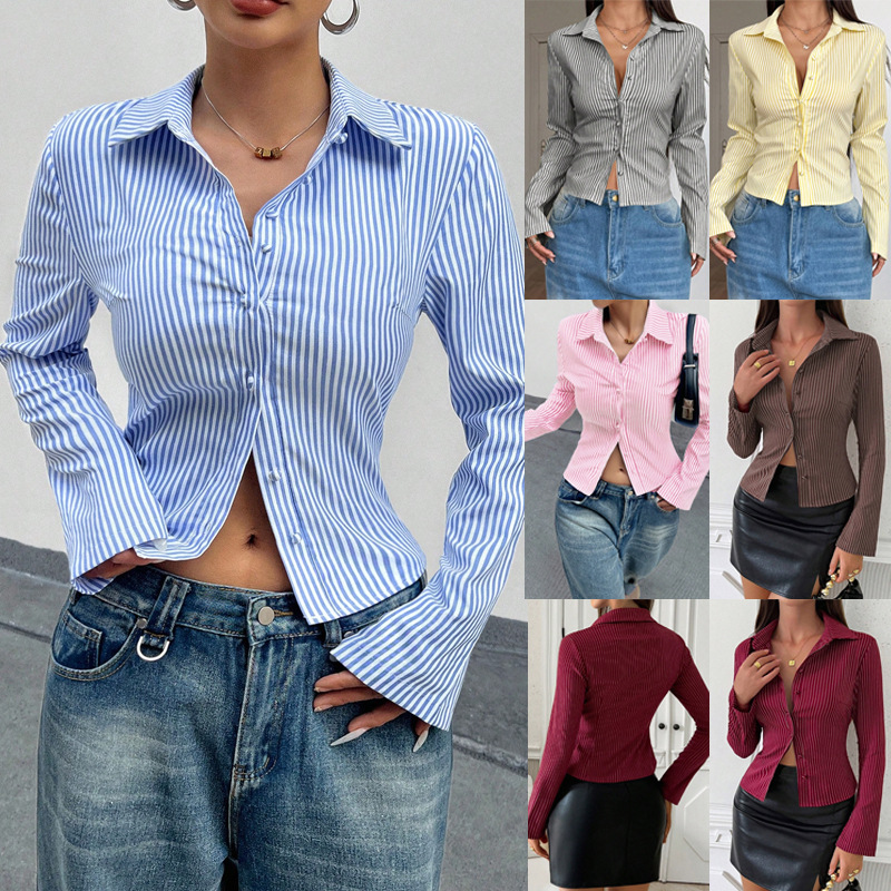 Spring Cross-Border European And American Amazon New Fashion Casual Versatile V-Neck Striped Long-Sleeve Shirt Top