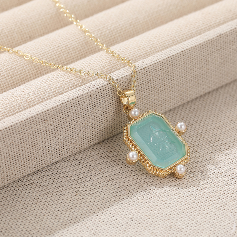 Elegant Aqua Color Geometric Pearl Pendant Necklace Gold Tone Brass Women O Chain Fashion Jewelry