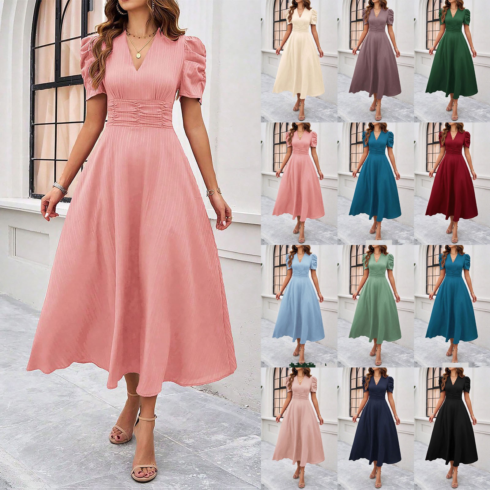 2026 Cross-Border Spring Summer Amazon Women's Fashionable And Elegant High-Waisted Solid Color Waist-Cinching Short-Sleeve Dress