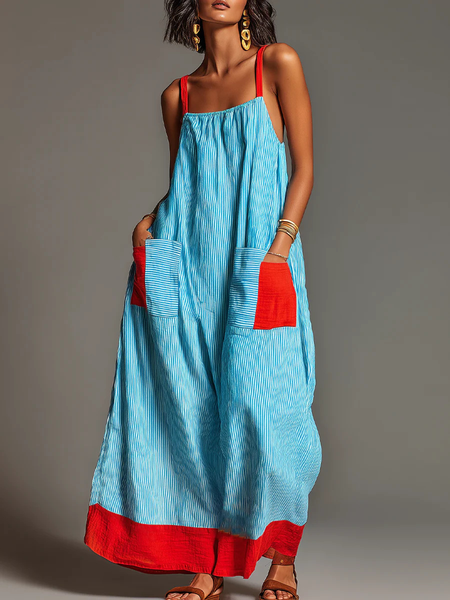 European And American Cross-border Striped High-end Slip Dress, New Summer Product, Elegant Long Dress For Women For Travel And Vacation