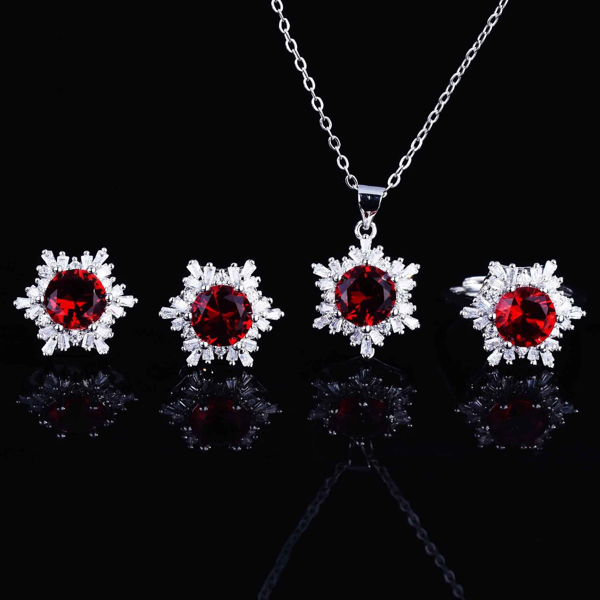 European And American Bridal Jewelry For Women, Full Diamond Zircon Necklace, Earrings, Ring, Creative Snowflake Gemstone Set product image