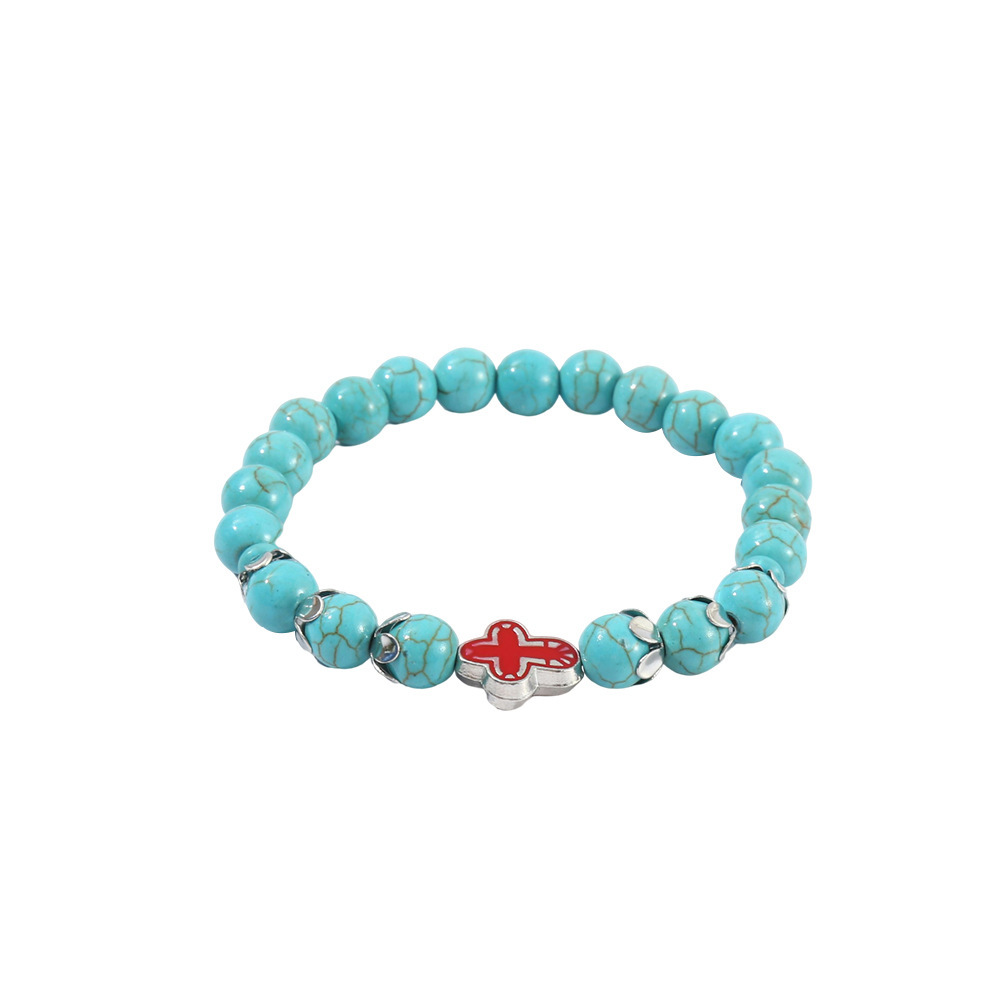 Cross-Border New 8mm Round Turquoise Bracelet, Cross Natural Stone Beads, Vintage Jewelry Bracelet Wholesale