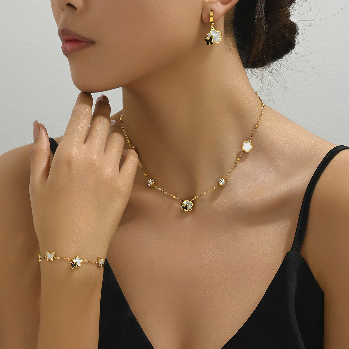 Simple Korean Style Geometric Bracelet Earrings Suit All-match Style Butterfly Niche Zircon Design Necklace product image