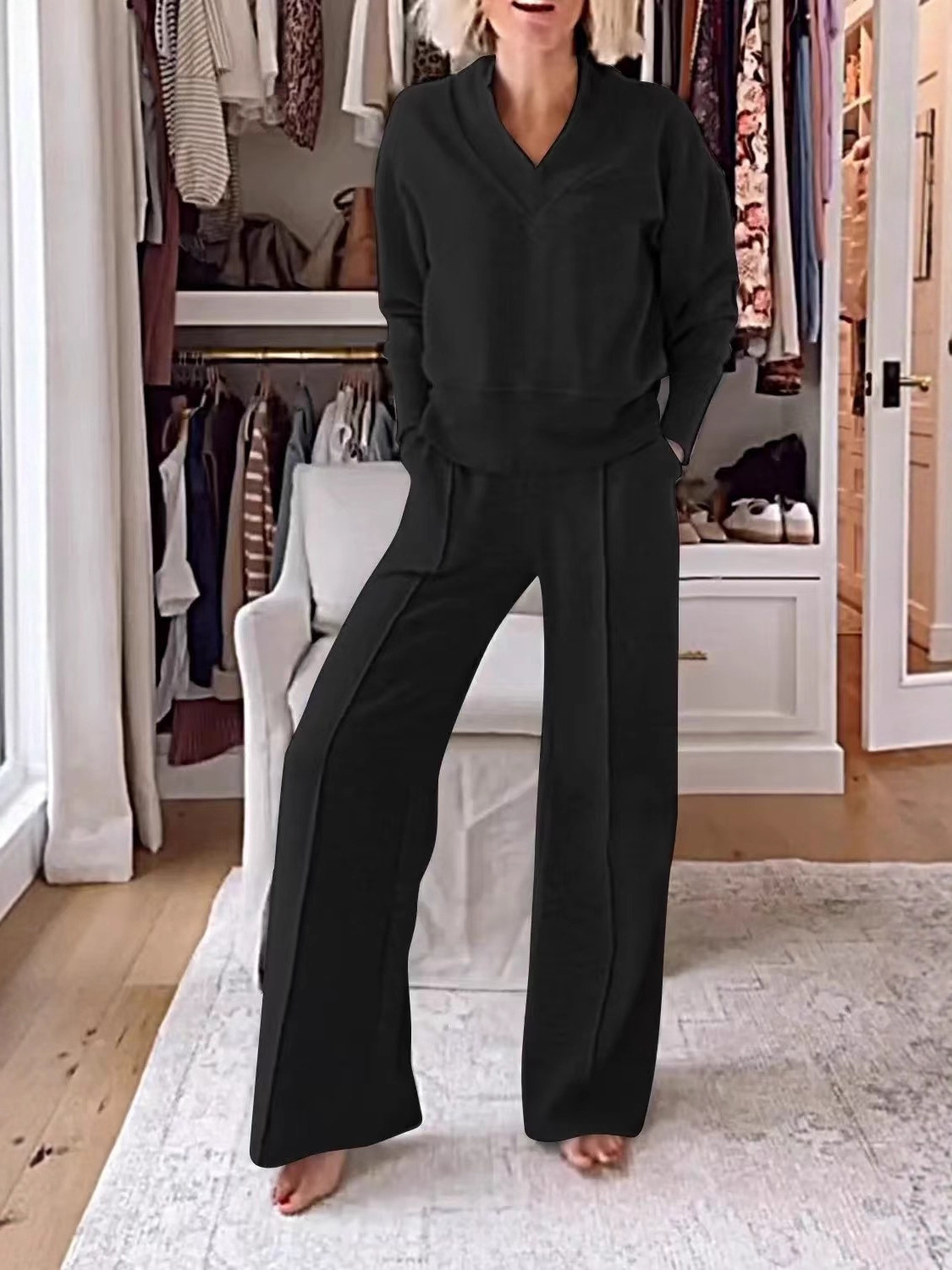 2025 Autumn And Winter Amazon Cross-Border European And American New Style V-Neck Long-Sleeved Loose Solid Color Women's Fashion Casual Pants Suit