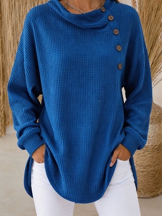 Women Solid Waffle Knit Pullover Tops Cowl Neck Asymmetric Button Decor Long Sleeve Loose Curved Hem Casual Shirts