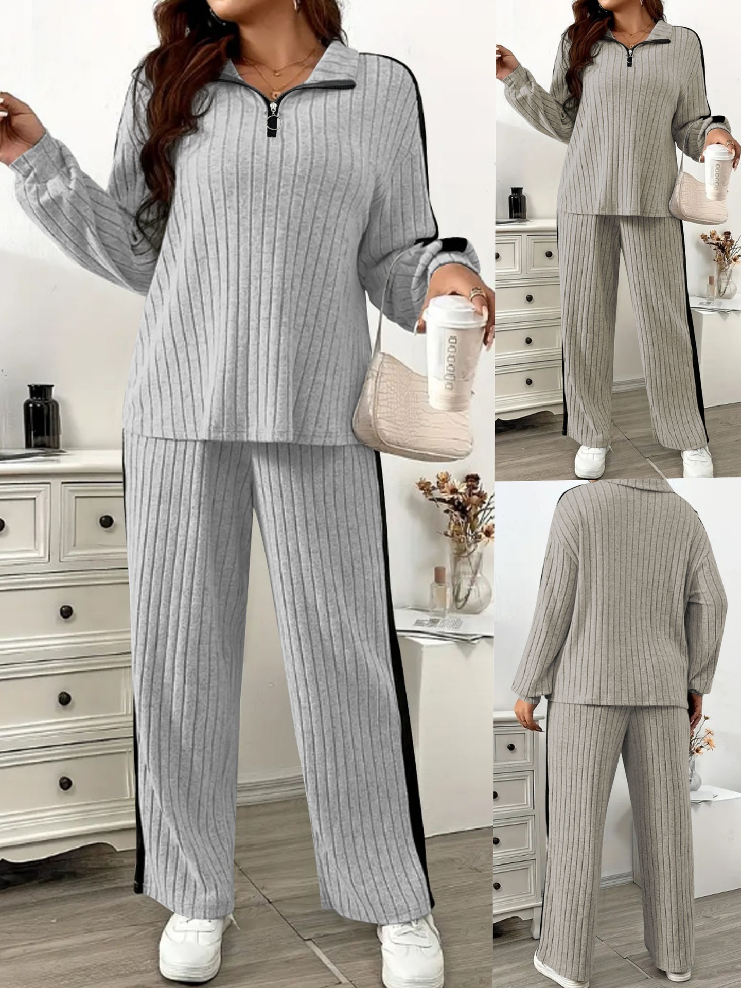 Women's Autumn And Winter Ribbed Set Fashion Casual Sweatshirt And Wide-Leg Pants Two-Piece Outfit For Women