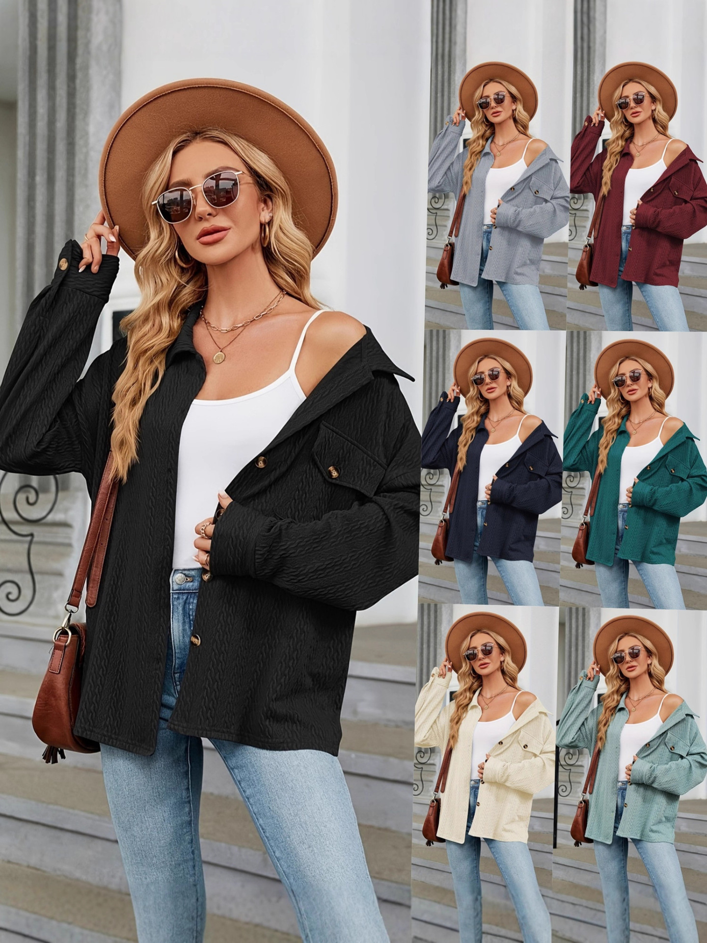 Women's Jackets Autumn And Winter Amazon Popular Women's Casual Fashion Solid Color Pocket Button Jacket