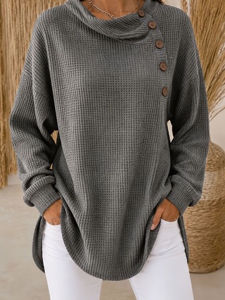 Women Solid Waffle Knit Pullover Tops Cowl Neck Asymmetric Button Decor Long Sleeve Loose Curved Hem Casual Shirts
