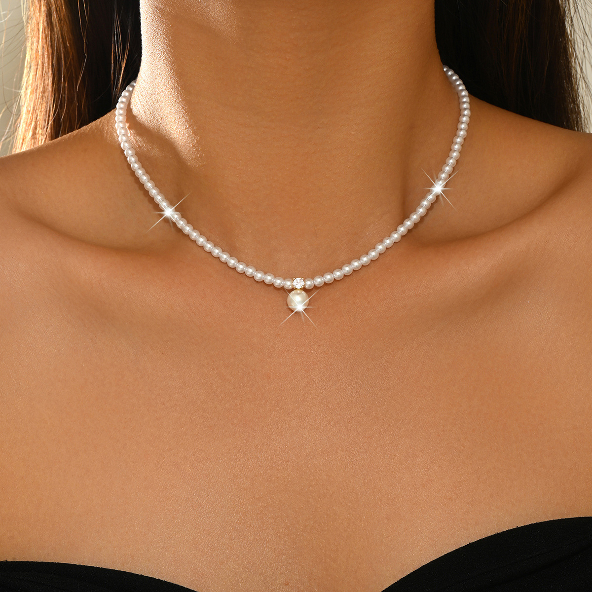 European Mini Faux Pearl Chain With One Large Pearl Center Pendant Daily Jewelry