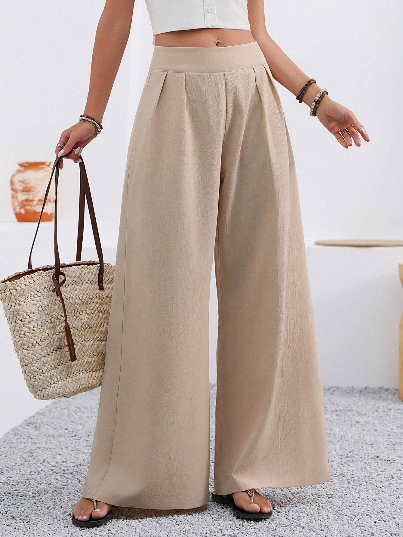 Pantalon large femme taille haute avec poches