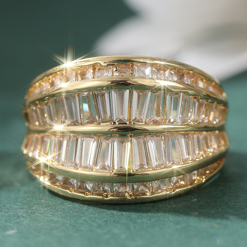 Inel de lux tip „baguette” cu bandă lată din cristal, din alamă cu finisaj auriu, pentru femei, bijuterie de seară, statement, la modă, elegantă
