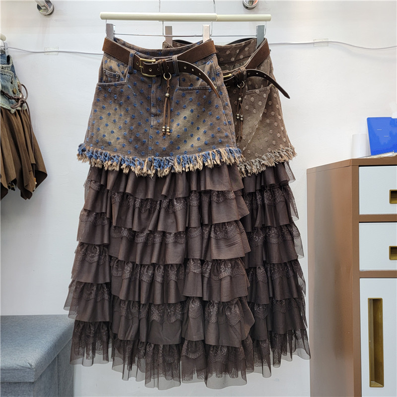 Fustă asimetrică denim patchwork dantelă volan midi cu curea