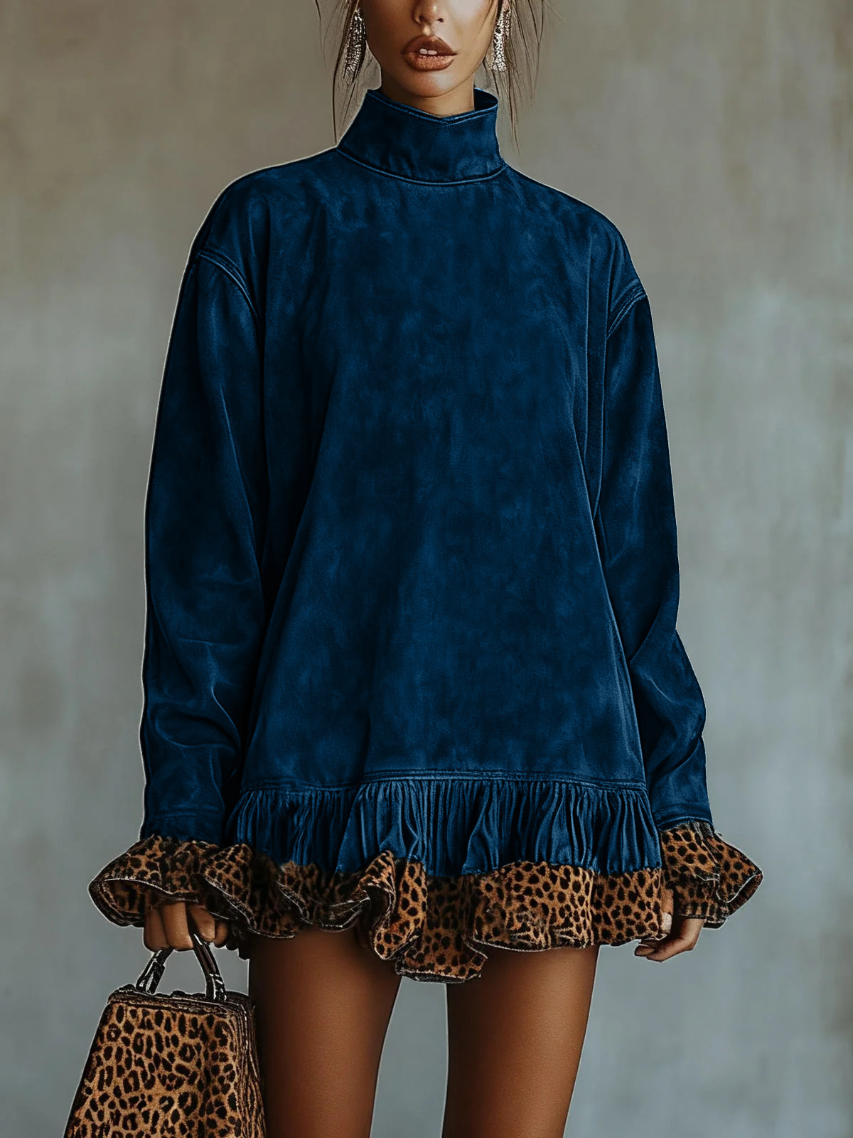 Fashion Casual High Neck Long Sleeve Leopard