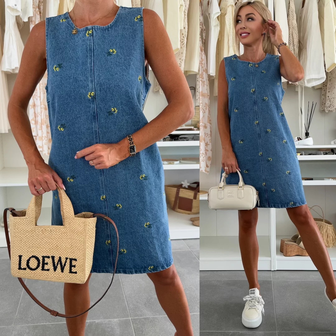 Cross-Border Hot-Selling European And American Women's Clothing, Round-Neck Sleeveless Embroidered Denim Dress, Summer Single-Breasted A-Lin