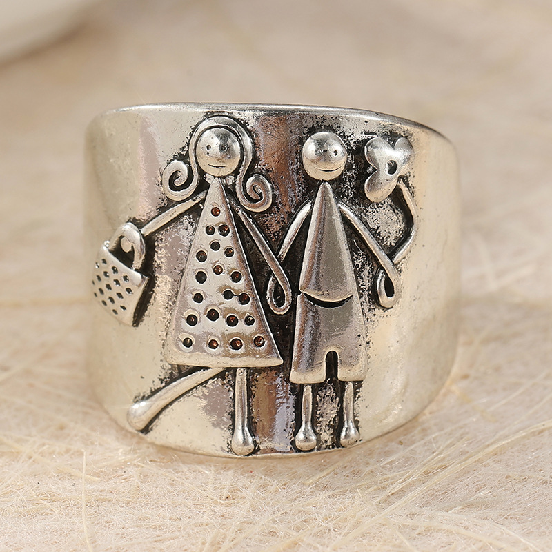 Inel cu bandă lată cu motiv de cuplu vintage, din alamă cu finisaj argintiu, unisex, bijuterie retro de efect, cadou, la modă