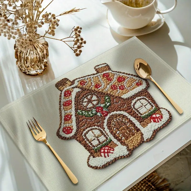 Christmas Gingerbread Man Placemat Polyester Textured Dining Table Holiday Party Home Decor Festive Kitchen Mat 4
