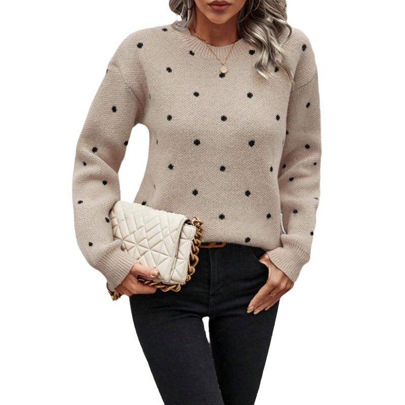 Women's Sweater Fashion Round Neck Long Sleeve Pullover Polka
