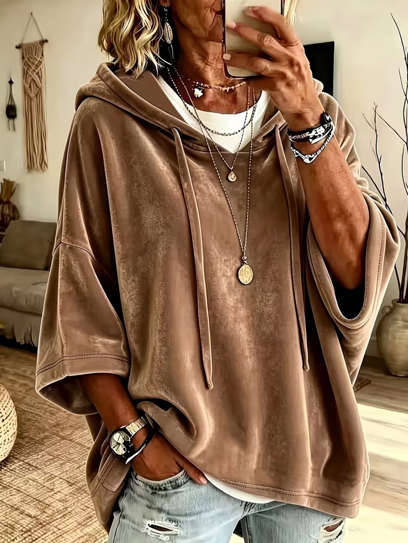 New European And American Amazon Cross-Border Autumn Winter Women's Solid Color Casual Gold Velvet Hooded Sweatshirt Top — image 6 of 13