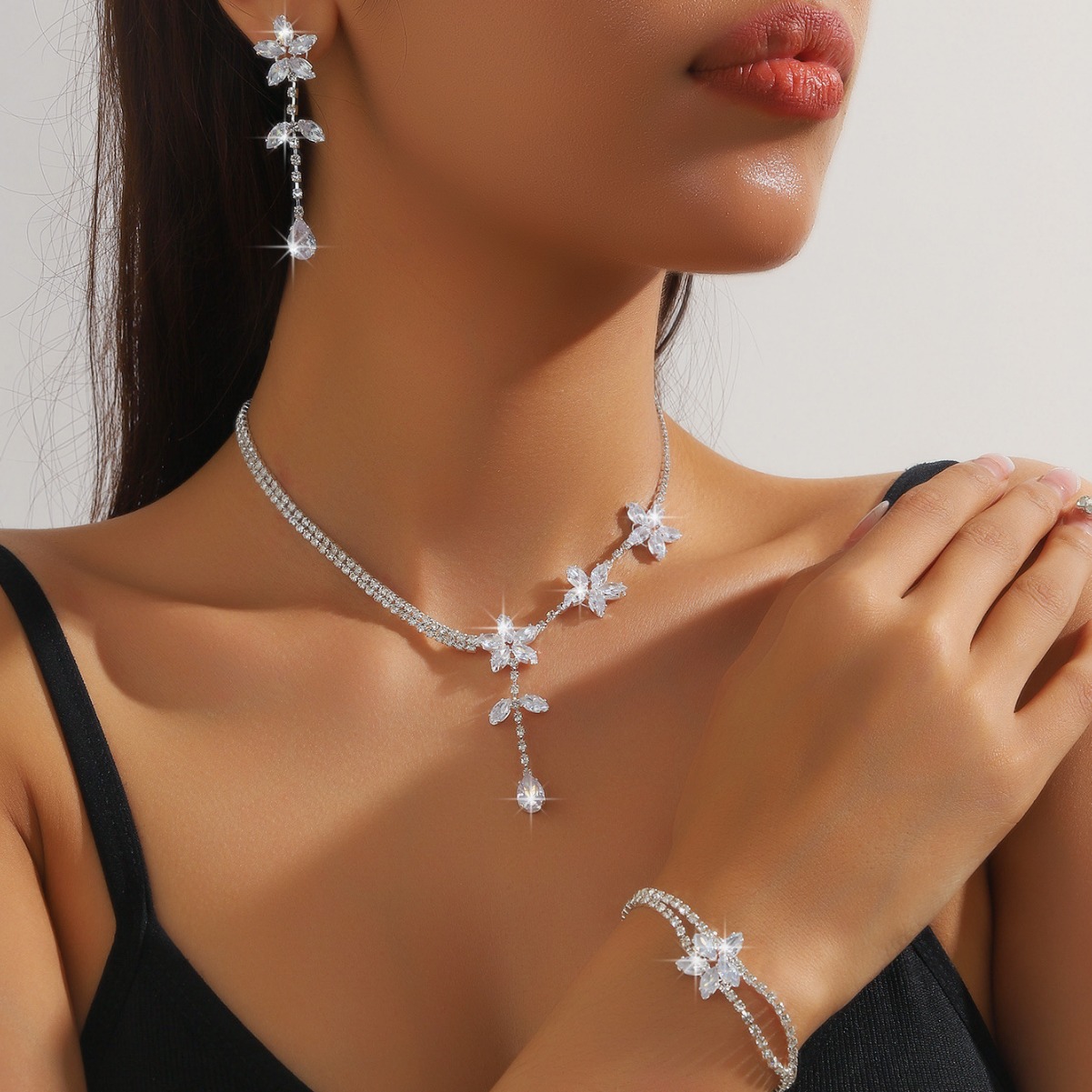 Silver Floral Leaf Cubic Zirconia Jewelry Set
