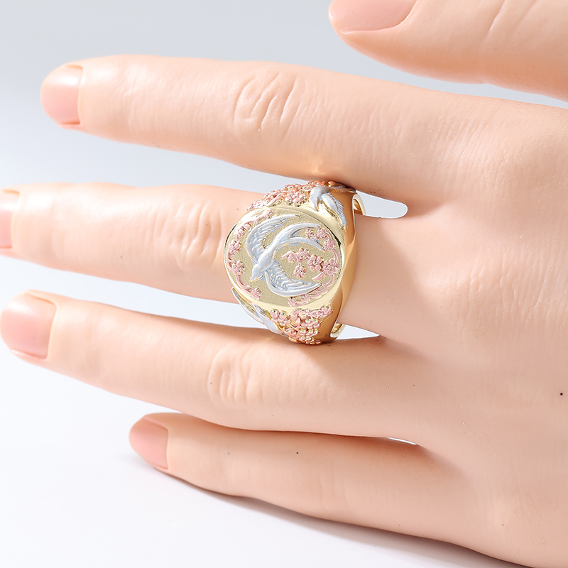 Cross-Border European And American Retro Style Gold-Plated Enamel Bird Pattern Wide Ring For Women, Light Luxury Open Ring Wholesale product image