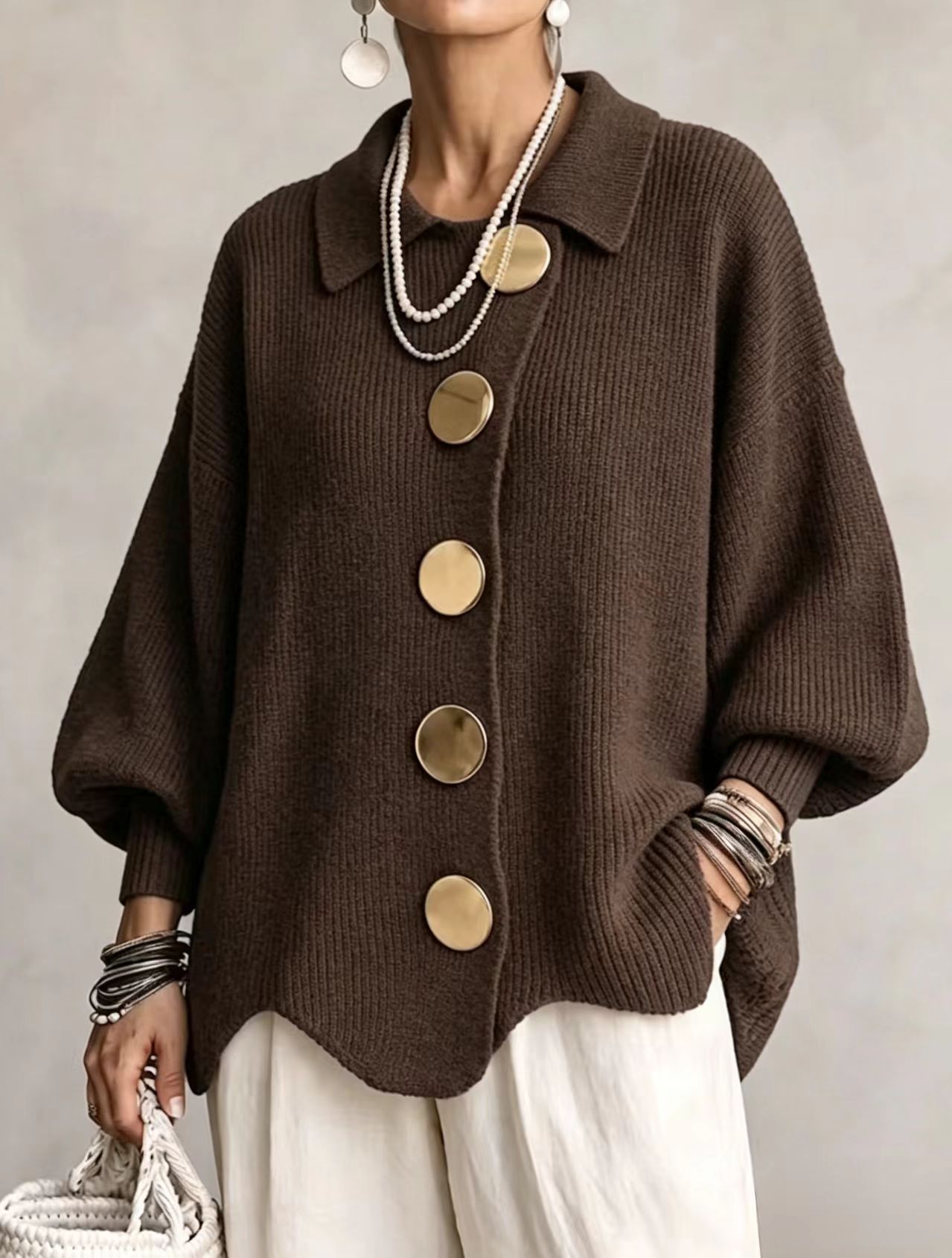 European And American Cross-border Autumn And Winter Women's Knitted Jacket With Lapel And Buttons, French Retro-style Loose-fitting Coat