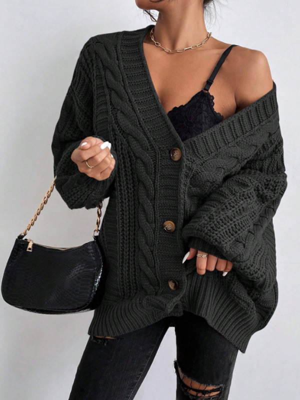 Trade V-neck Sweater Women's Retro Fashion Loose Twist Lantern
