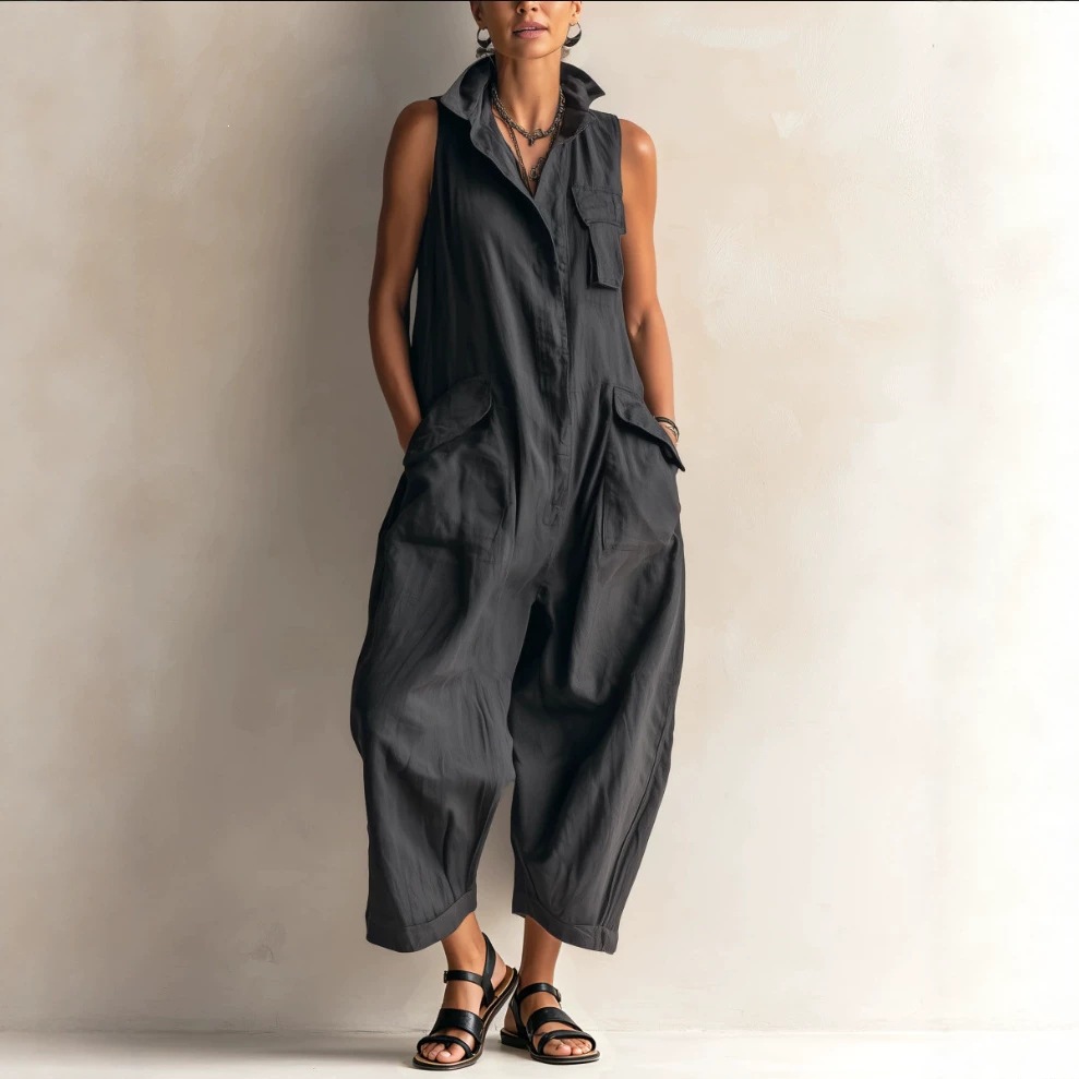 Women's sleeveless cotton cargo jumpsuit – front view showing wide-leg silhouette and multi-pocket design