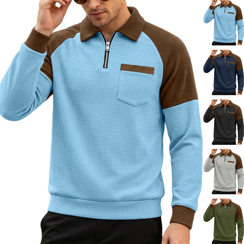 Cross-border Men's Waffle Knit Collared Half-zip Polo Shirt, Oversized Color-block Patch Pocket Casual Sweatshirt For Foreign Trade Independent Websites