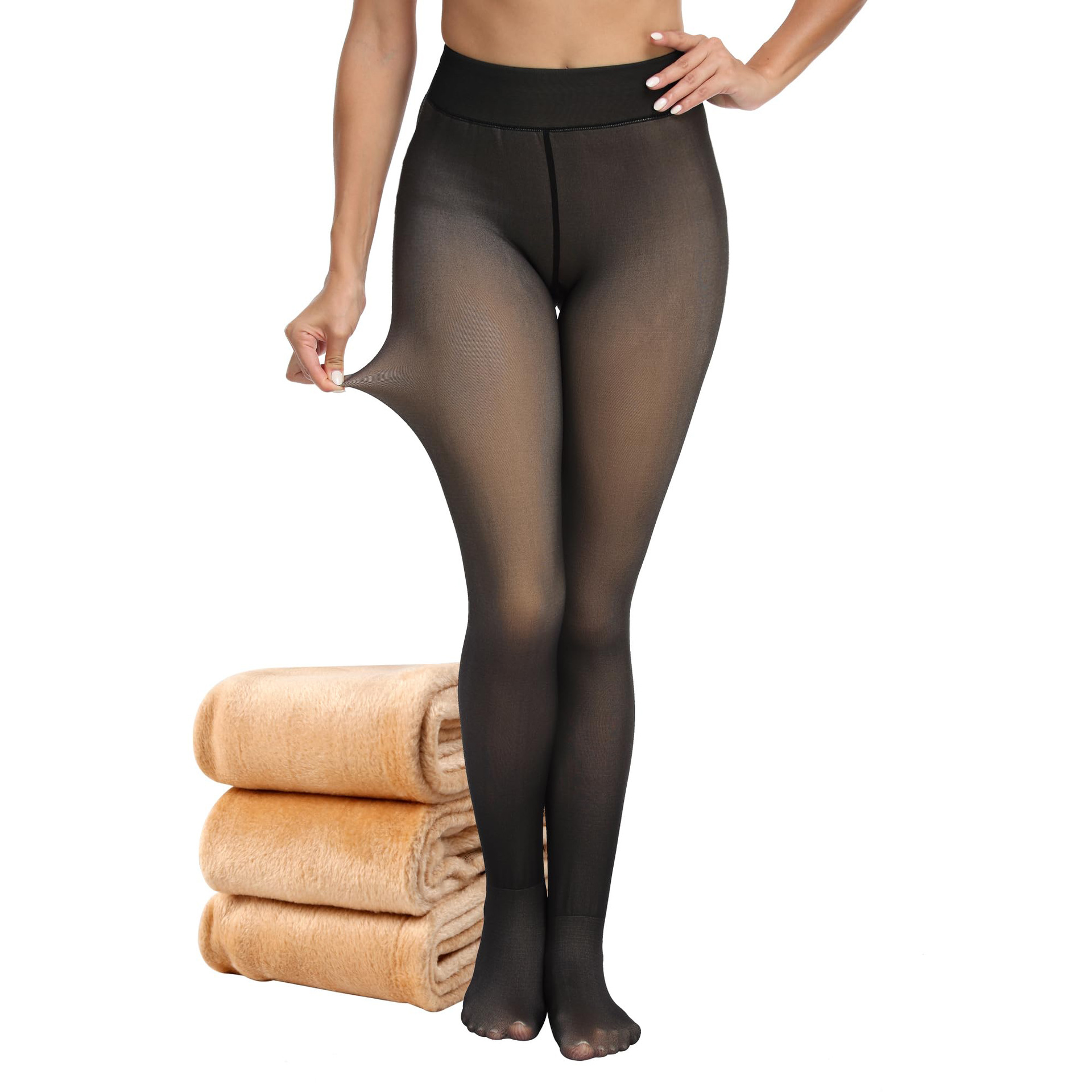 Women's Plus Size Fake Transparent Black Transparent Leggings Stewardess Gray Socks Fleece-lined Pants Bare Legs Autumn And Winter Outer Wea