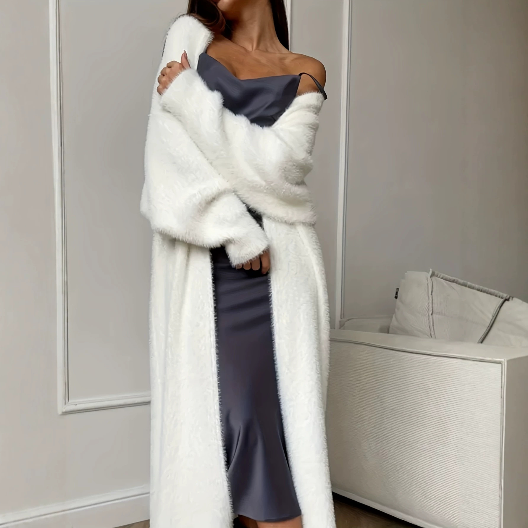 Women's Faux Mink Fur Long Knit Cardigan, 2026 Fall Winter Fluffy Open Front Coat, Oversized Loose Plush Sweater Outerwear