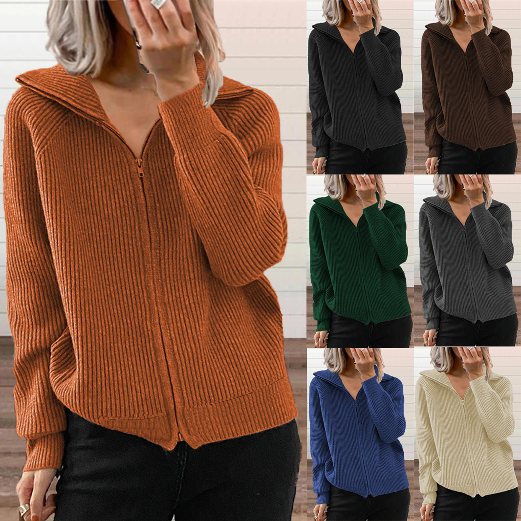 Women Ribbed Knit Zip Up Cardigan Sweater