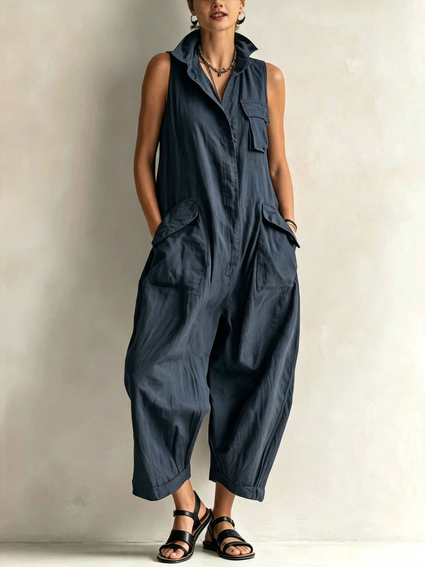 Women's grayish blue sleeveless cargo jumpsuit styled with sandals – summer casual look