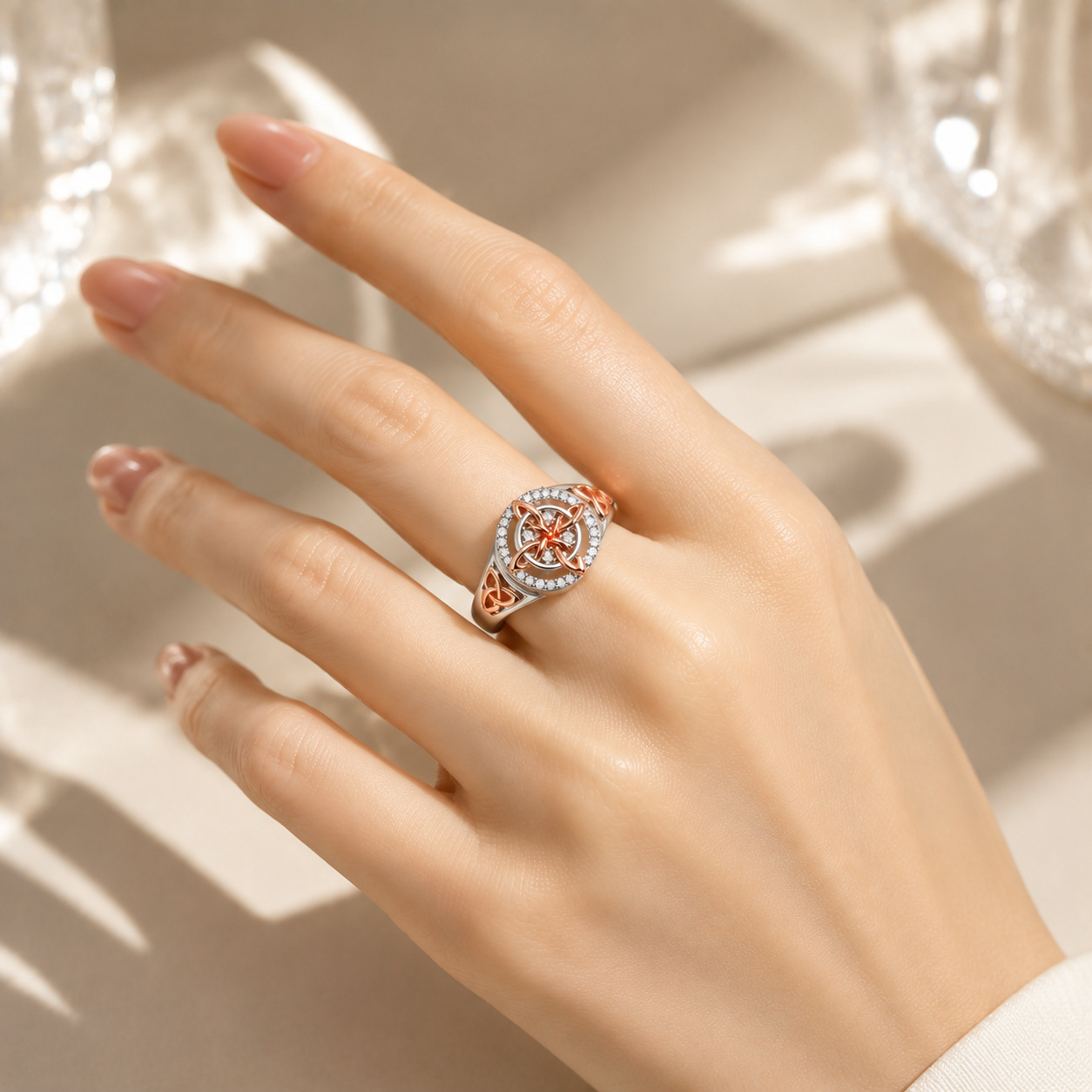 Light Luxury Two Tone Zircon Open Ring, Niche Unique Design Elegant Versatile High End Adjustable Band Wholesale Supply