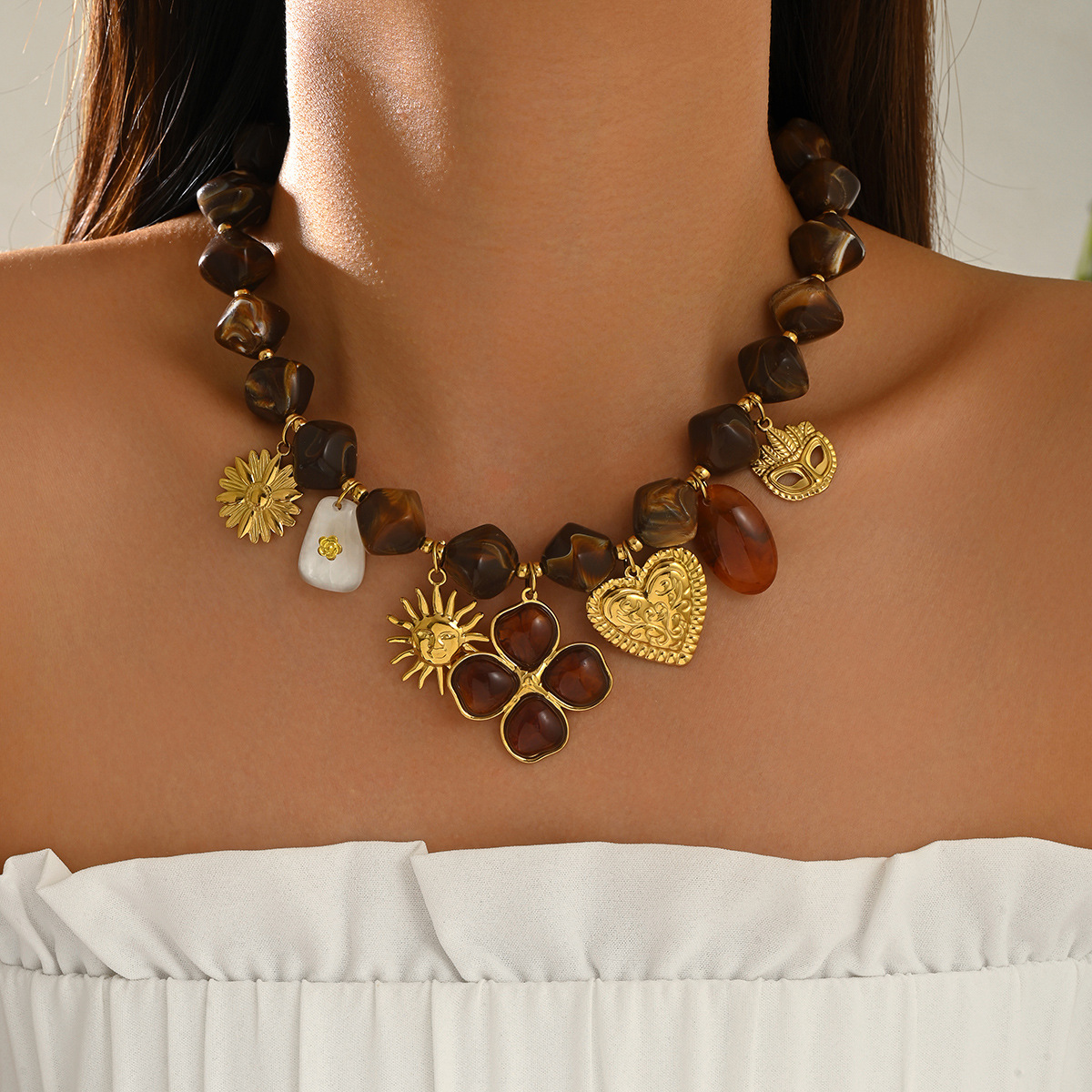 Womens Vintage Heart Floral Woven Choker Necklace